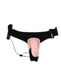 Женский страпон на эластичных ремешках с вибрацией и вагинальной пробкой - 18 см. - Baile - купить с доставкой в Воронеже