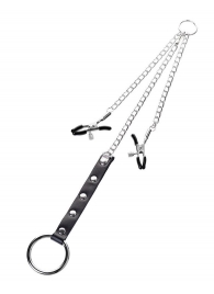 Серебристо-чёрные зажимы для сосков с кольцом для пениса TOYFA Metal - ToyFa - купить с доставкой в Воронеже