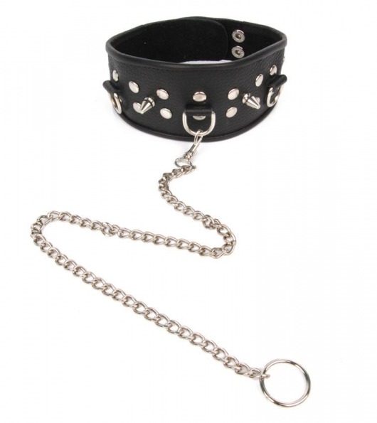 Черный ошейник с шипами и металлическим поводком-цепочкой - Notabu - купить с доставкой в Воронеже
