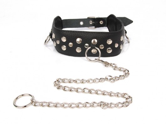 Черный ошейник с заклепками с металлическим поводком-цепочкой - Notabu - купить с доставкой в Воронеже