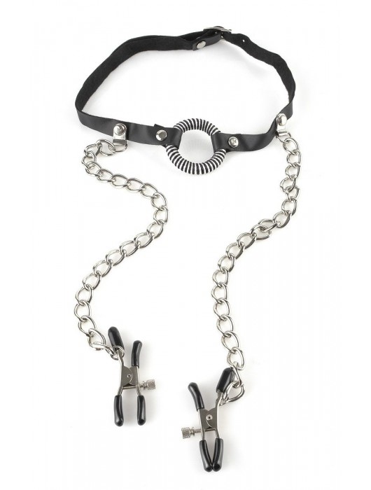 Кляп, соединенный цепочкой с клипсами для сосков - Pipedream - купить с доставкой в Воронеже