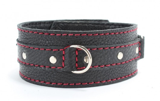 Черный ошейник из натуральной кожи с красной строчкой и кольцом - БДСМ Арсенал - купить с доставкой в Воронеже