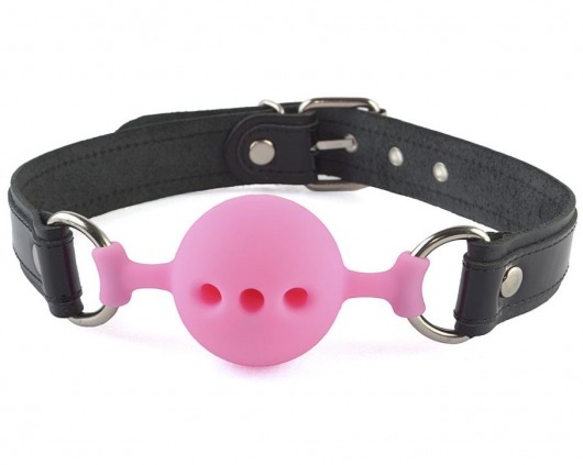 Розовый кляп-шар на черных кожаных ремешках - Sitabella - купить с доставкой в Воронеже