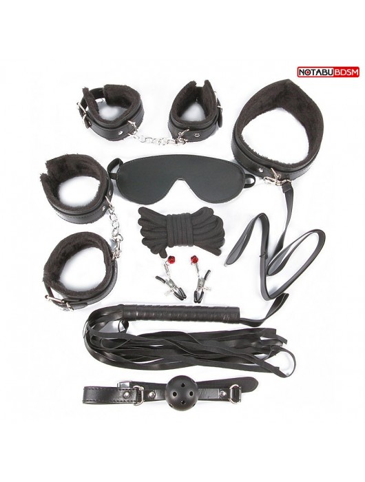Большой игровой набор БДСМ: наручники, оковы, маска, кляп, плеть, ошейник с поводком, верёвка, зажимы для сосков - Notabu - купить с доставкой в Воронеже