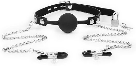 Черный кляп-шарик с зажимами на соски на металлической цепочке - Notabu - купить с доставкой в Воронеже