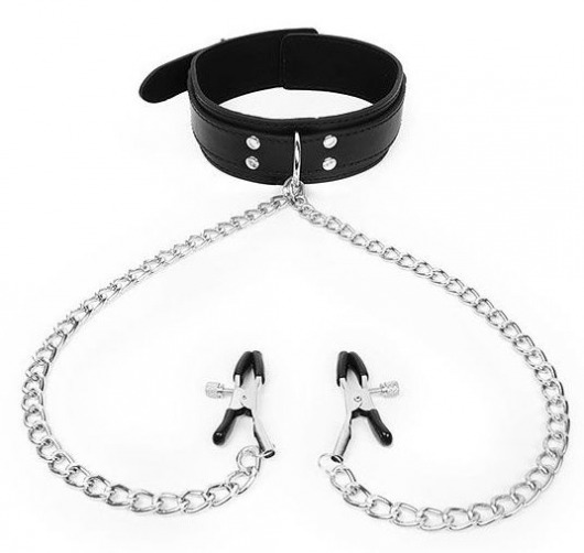 Черный ошейник с зажимами на соски на цепочке - Notabu - купить с доставкой в Воронеже