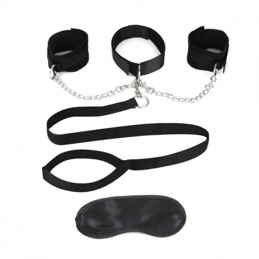 Чёрный ошейник с наручниками и поводком Collar Cuffs   Leash Set - Lux Fetish - купить с доставкой в Воронеже
