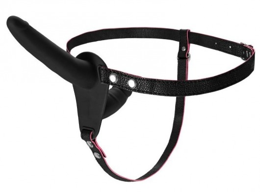 Черный страпон на ремнях с вагинальной пробкой - 15 см. - ToyFa - купить с доставкой в Воронеже