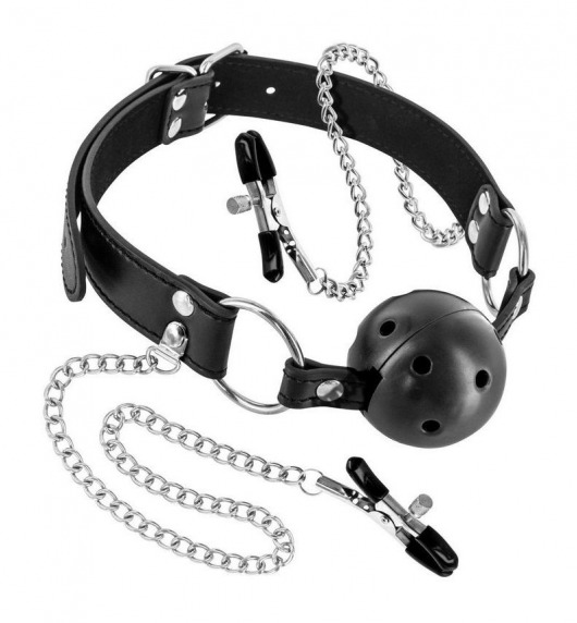 Жесткий шар-кляп с зажимами для сосков - Fetish Tentation - купить с доставкой в Воронеже