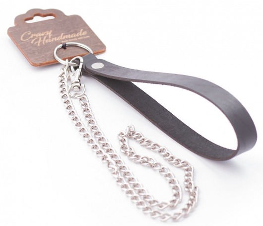Серебристый металлический поводок с кожаной черной ручкой - 80 см. - Crazy Handmade - купить с доставкой в Воронеже