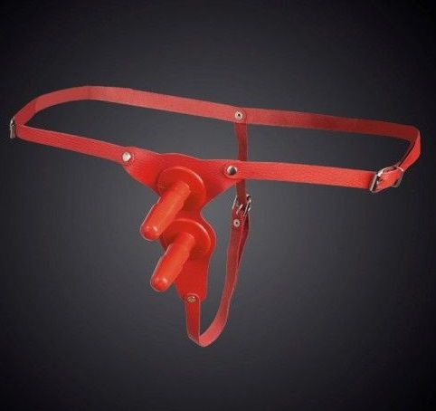 Красные кожаные универсальные трусики с двумя  штырьками для насадок - Sitabella - купить с доставкой в Воронеже