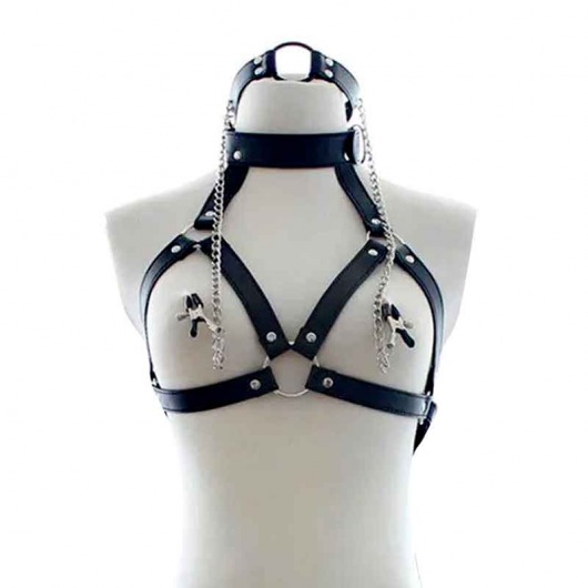 Черная портупея на грудь с кляпом и зажимами для сосков - Notabu - купить с доставкой в Воронеже