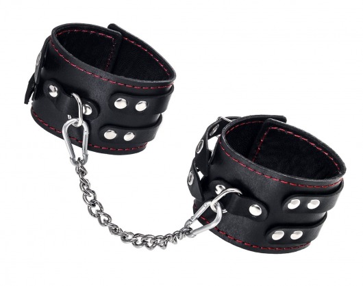 Черные кожаные оковы с двумя ремнями и контрастной строчкой - Pecado - купить с доставкой в Воронеже