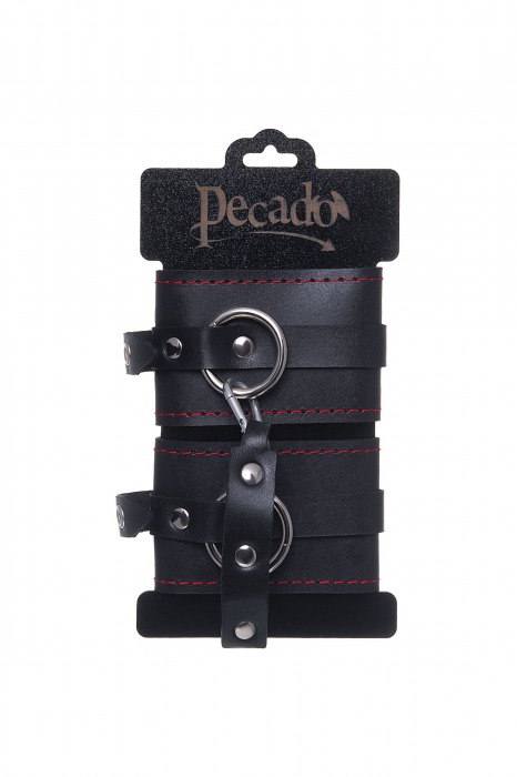 Черные кожаные однослойные оковы с контрастной строчкой - Pecado - купить с доставкой в Воронеже