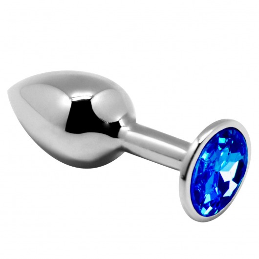 Серебристая анальная втулка с синим кристаллом Mini Metal Butt L - 9 см. - Adrien Lastic