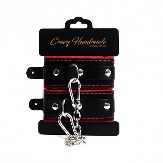Черные наручники с красной подкладкой, строчками и скругленными ремешками - Crazy Handmade - купить с доставкой в Воронеже