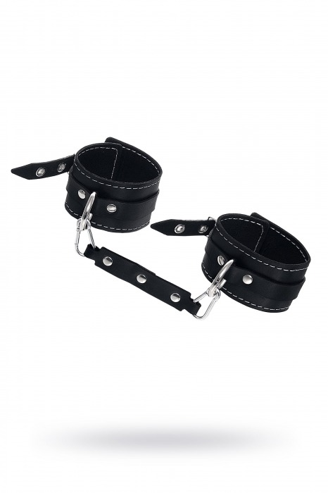 Черные двухслойные кожаные оковы с белой строчкой - Pecado - купить с доставкой в Воронеже