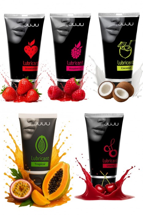 Набор из 5 съедобных лубрикантов JUJU (клубника, малина, тропические фрукты, вишня, кокос) - JuJu - купить с доставкой в Воронеже