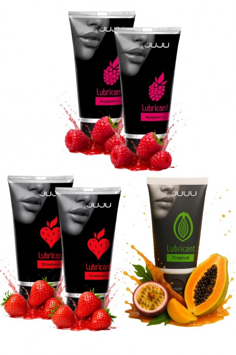 Набор из 5 съедобных лубрикантов JUJU (клубника х 2, малина х 2, тропические фрукты) - JuJu - купить с доставкой в Воронеже