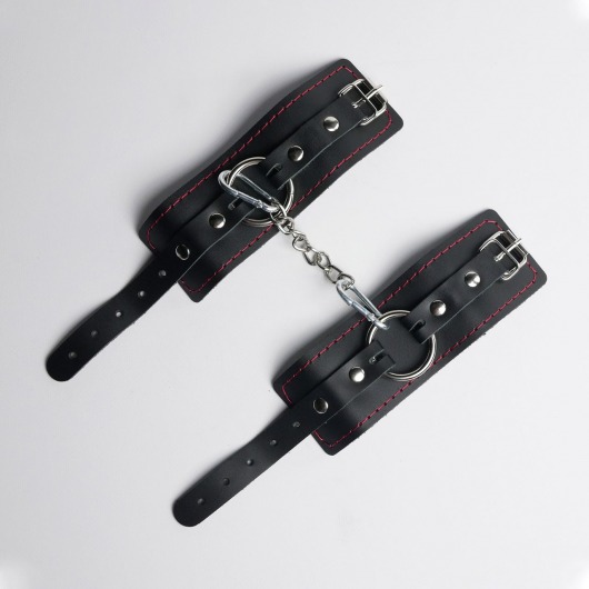 Черные кожаные наручники с красной строчкой - Crazy Handmade - купить с доставкой в Воронеже