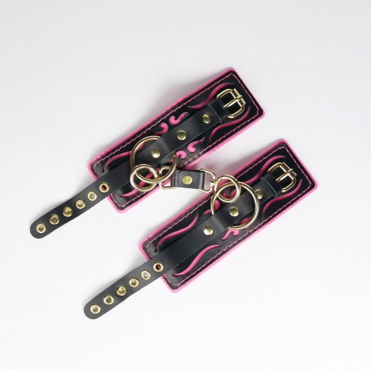 Черные кожаные наручники с розовой строчкой - Crazy Handmade - купить с доставкой в Воронеже