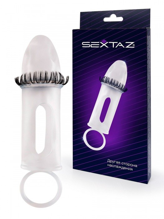 Закрытая насадка на пенис с подхватом мошонки и стимулирующими «ресничками» - Sextaz - в Воронеже купить с доставкой