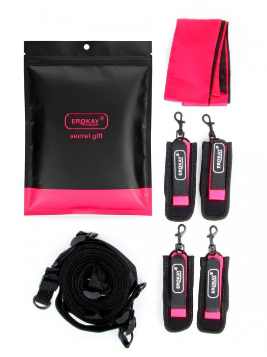 Черно-розовый эротический набор: фиксатор, оковы, наручники, повязка - Erokay - купить с доставкой в Воронеже