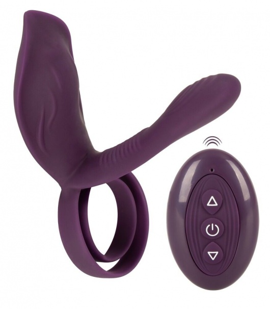 Фиолетовая насадка на член с клиторальным отростком и пультом ДУ RC Couple’s Vibrator 2 - Orion - в Воронеже купить с доставкой