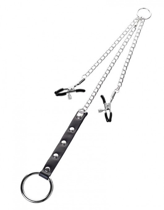 Серебристо-чёрные зажимы для сосков с кольцом для пениса TOYFA Metal - ToyFa - купить с доставкой в Воронеже